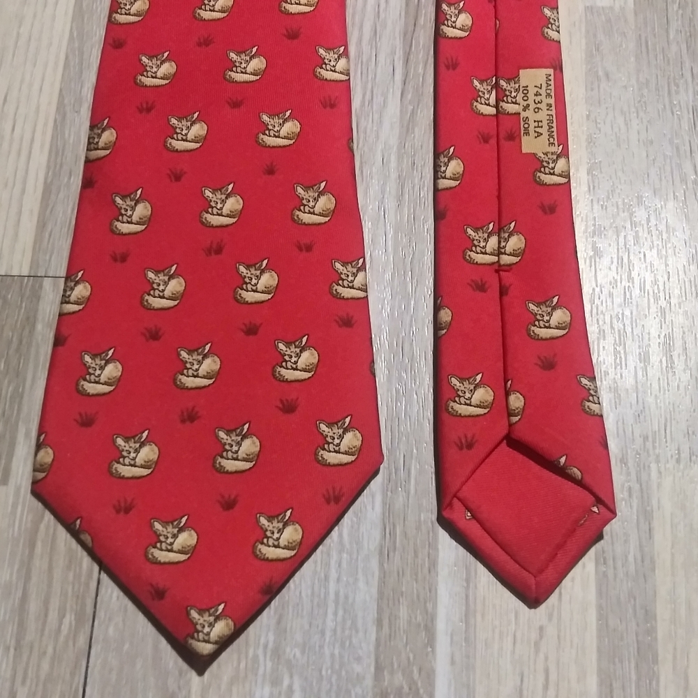 100% Silk Real Hermes Tie  RED w Baby Pups Fox
